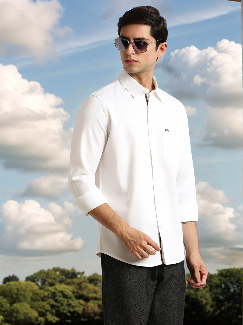 Thomas Scott Men White Slim Fit Long Sleeves Solid Spread Collar 100% Cotton Twill Casual Shirt