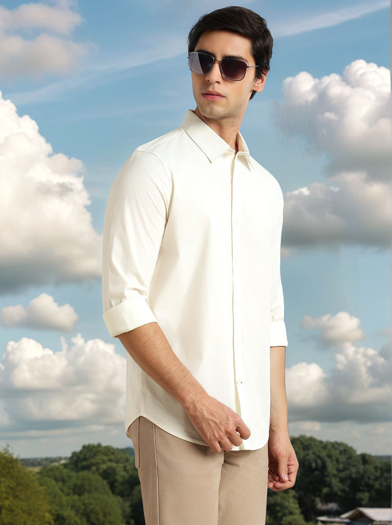 Thomas Scott Men Cream Premium Slim Fit Long Sleeves Spread Collar Solid Casual Shirt