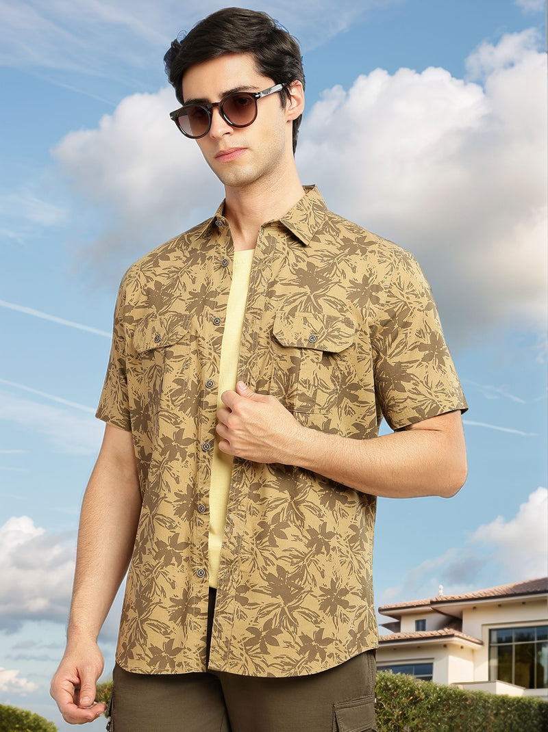Thomas Scott Men Khaki Slim Fit Short Sleeves Floral Printed Two Flap Chest Pockets Pure Cotton Casual Shirt for Men