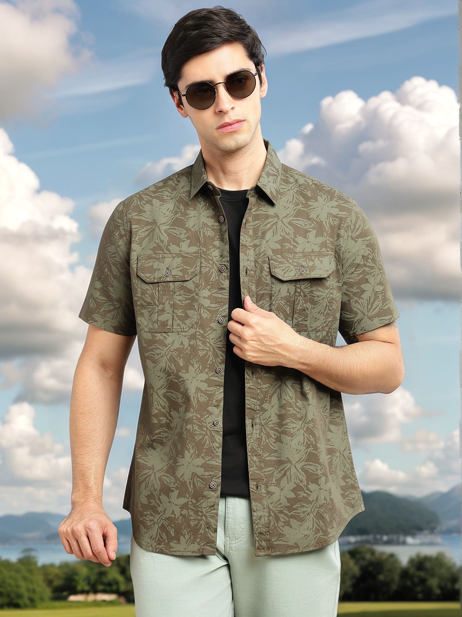 Thomas Scott Men Olive Slim Fit Short Sleeves Floral Printed Two Flap Chest Pockets Pure Cotton Casual Shirt for Men