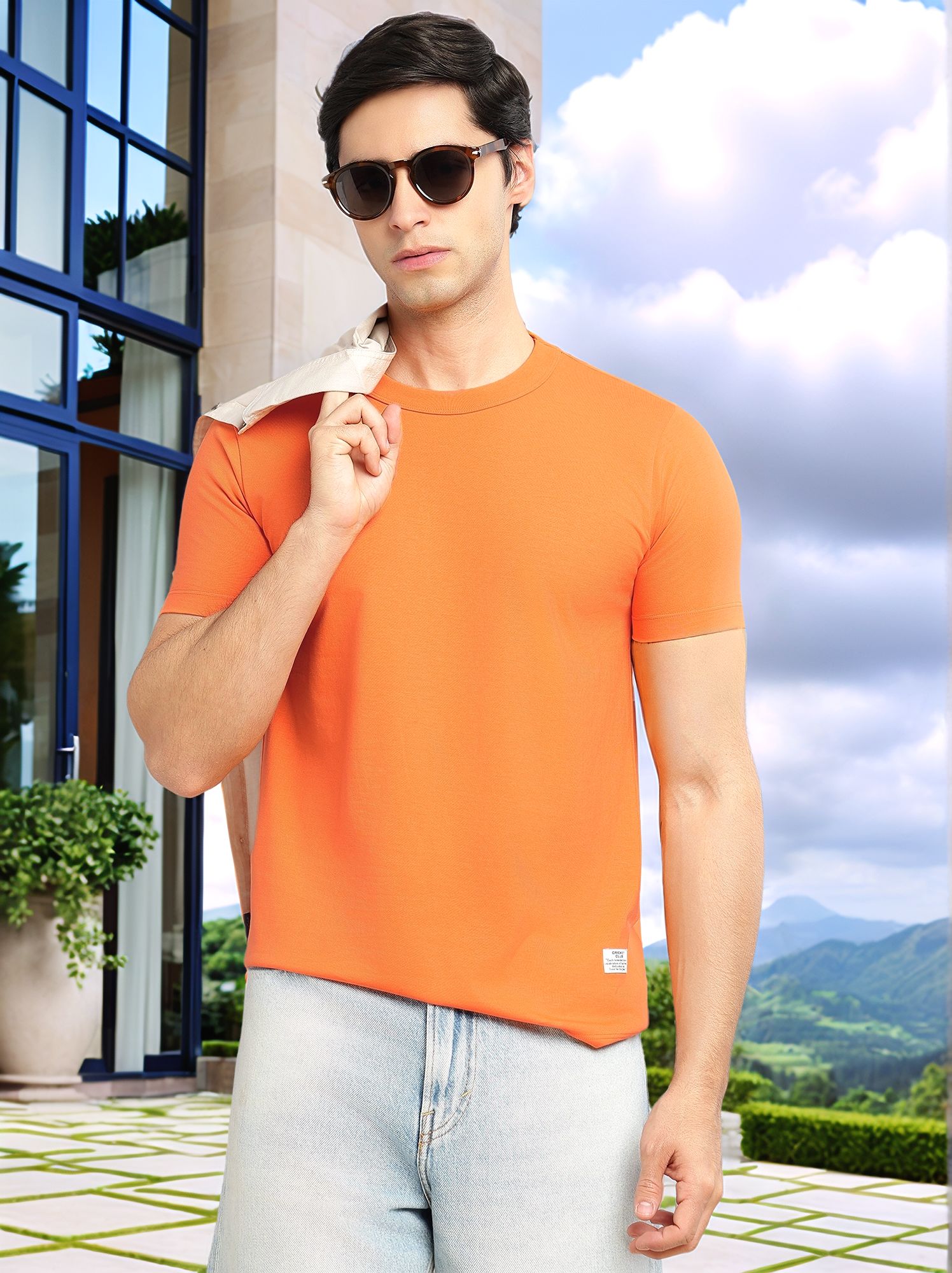 Thomas Scott Men Orange Cricket Club Collection Regular Fit Round Neck Short Sleeves Polycotton Solid Knitted T-shirt