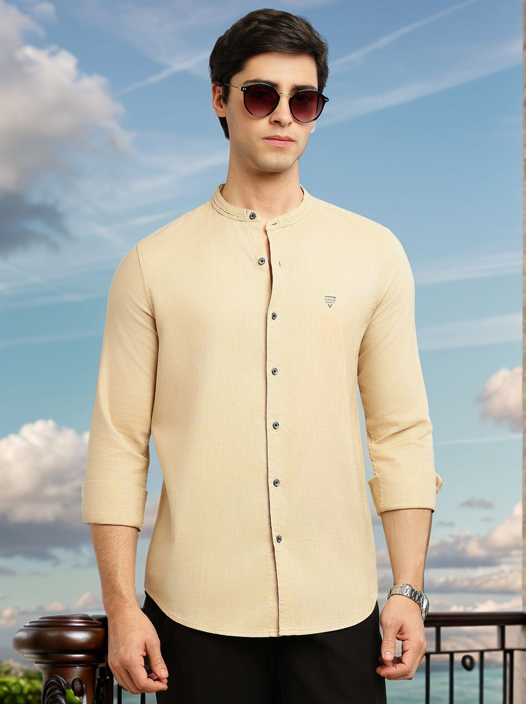 Thomas Scott Men Khaki Slim Fit Long Sleeves Solid Mandarin Collar Cotton Linen Casual Shirt
