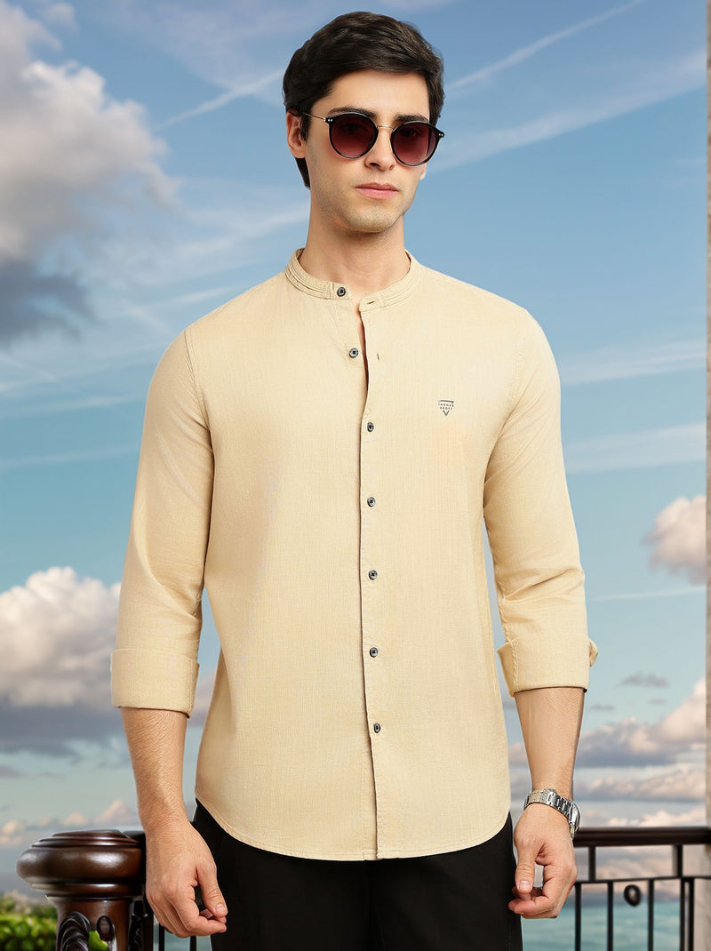 Thomas Scott Men Khaki Slim Fit Long Sleeves Solid Mandarin Collar Cotton Linen Casual Shirt