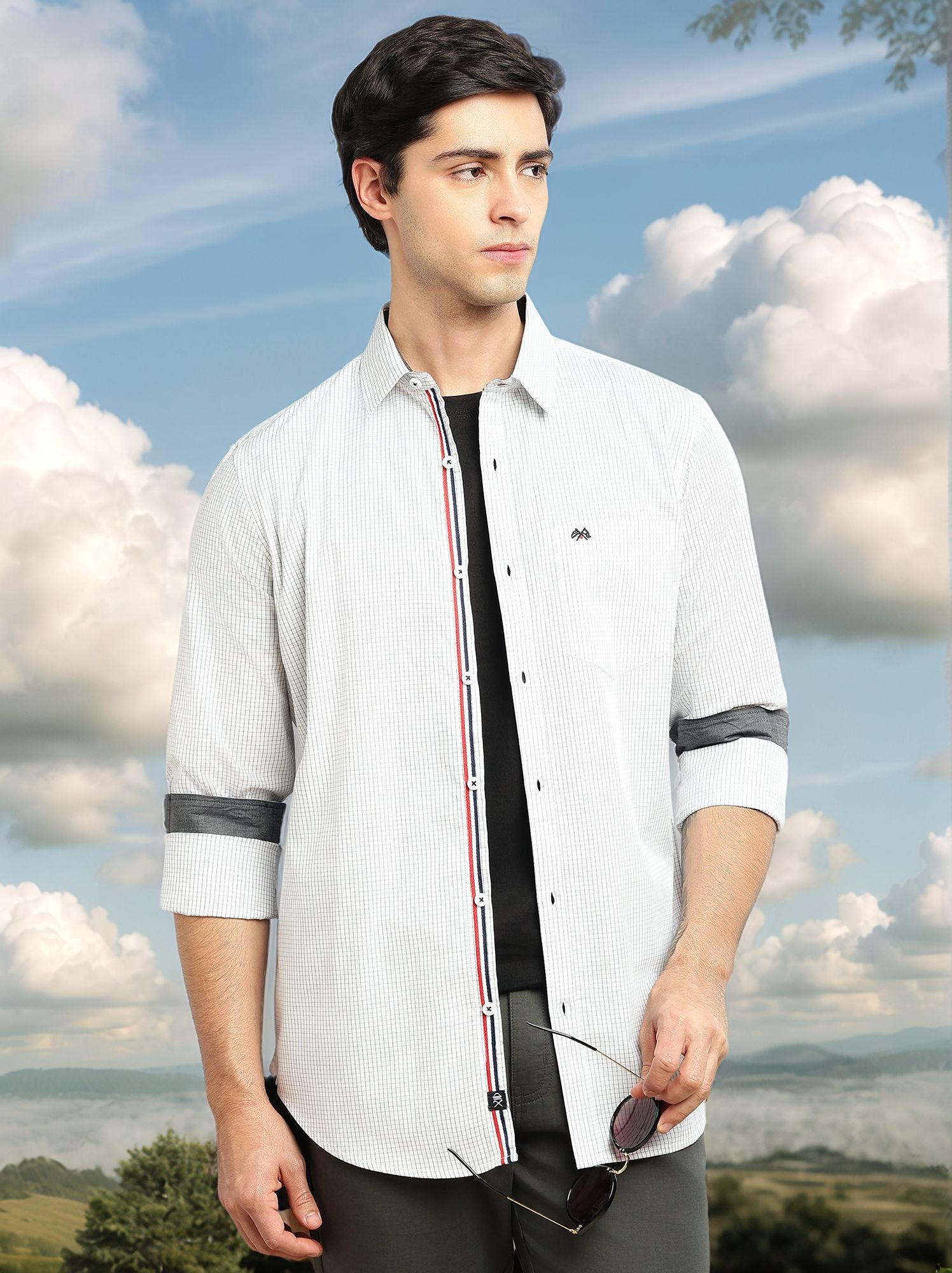 Thomas Scott Men White Regular Fit Long Sleeves Spread Collar Micro Checks 100% Cotton Casual Shirt