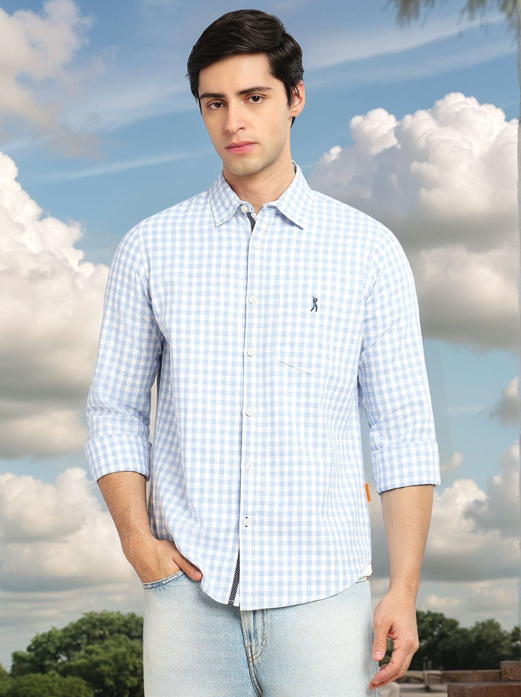 Thomas Scott Men Blue Cricket Club Collection Slim Fit 100% Cotton Oxford Shirt with Gingham Checks & Spread Collar