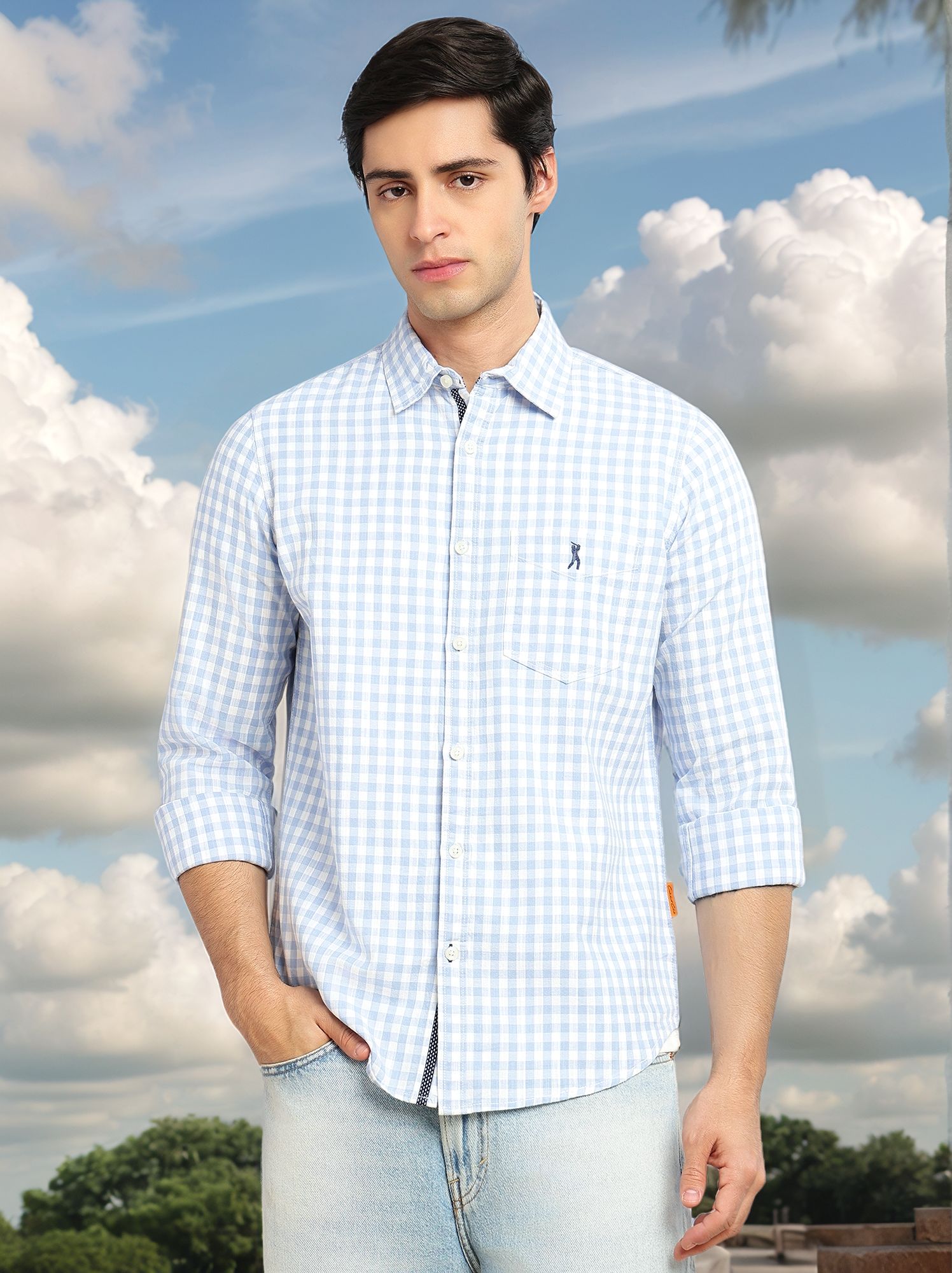 Thomas Scott Men Blue Cricket Club Collection Slim Fit 100% Cotton Oxford Shirt with Gingham Checks & Spread Collar