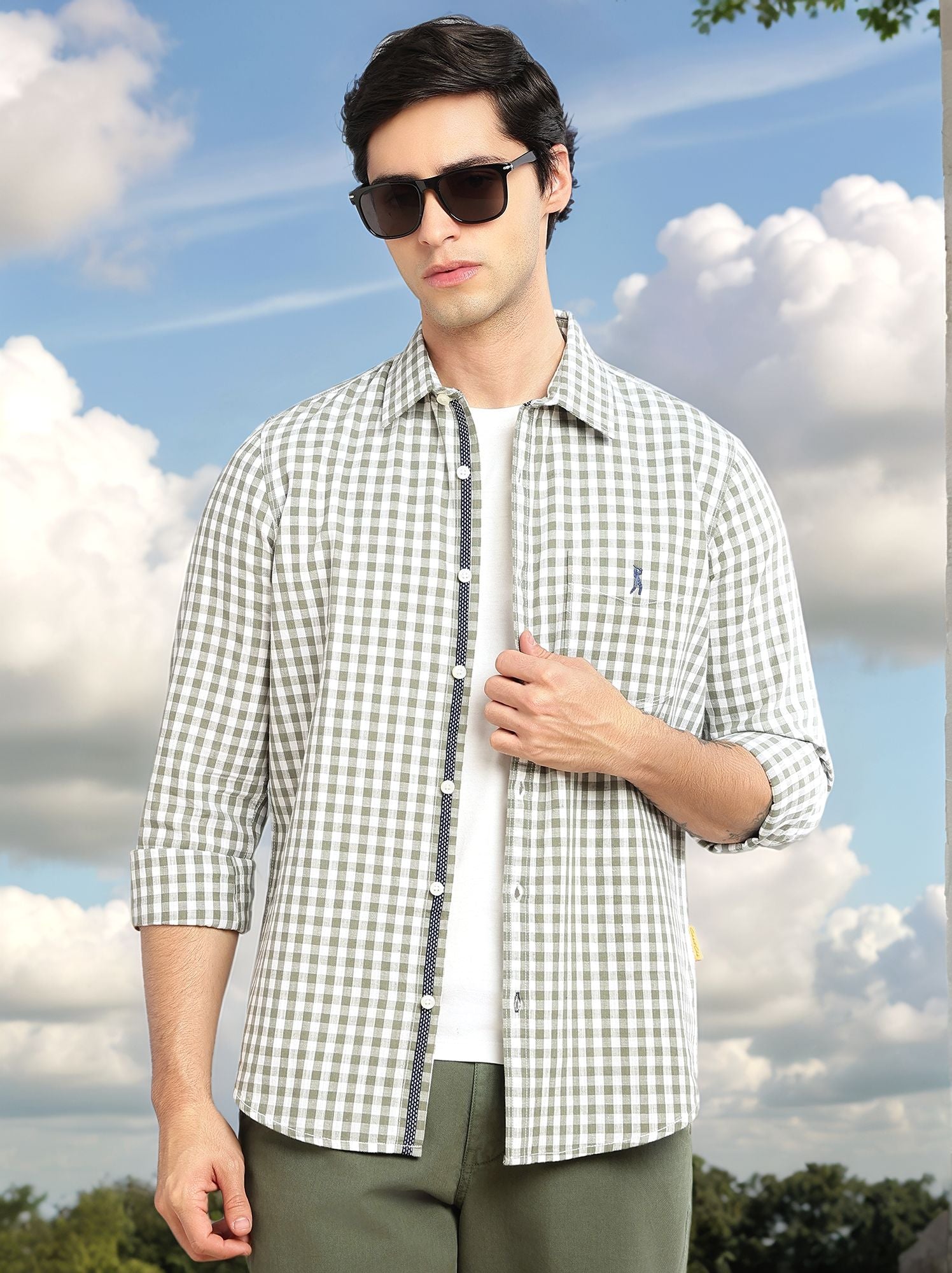 Thomas Scott Men Green Cricket Club Collection Slim Fit 100% Cotton Oxford Shirt with Gingham Checks & Spread Collar