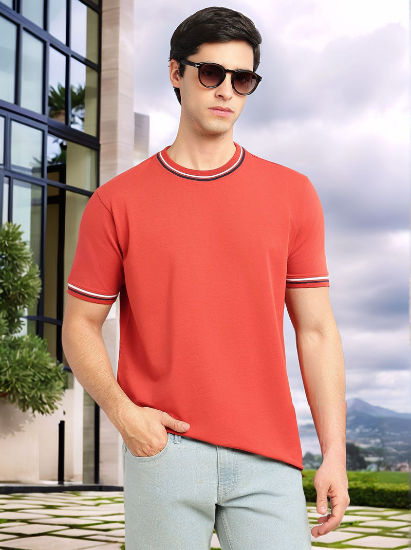 Thomas Scott Men Rust Cricket Club Collection Short Sleeves Regular Fit Round Neck Solid Knitted T-shirt