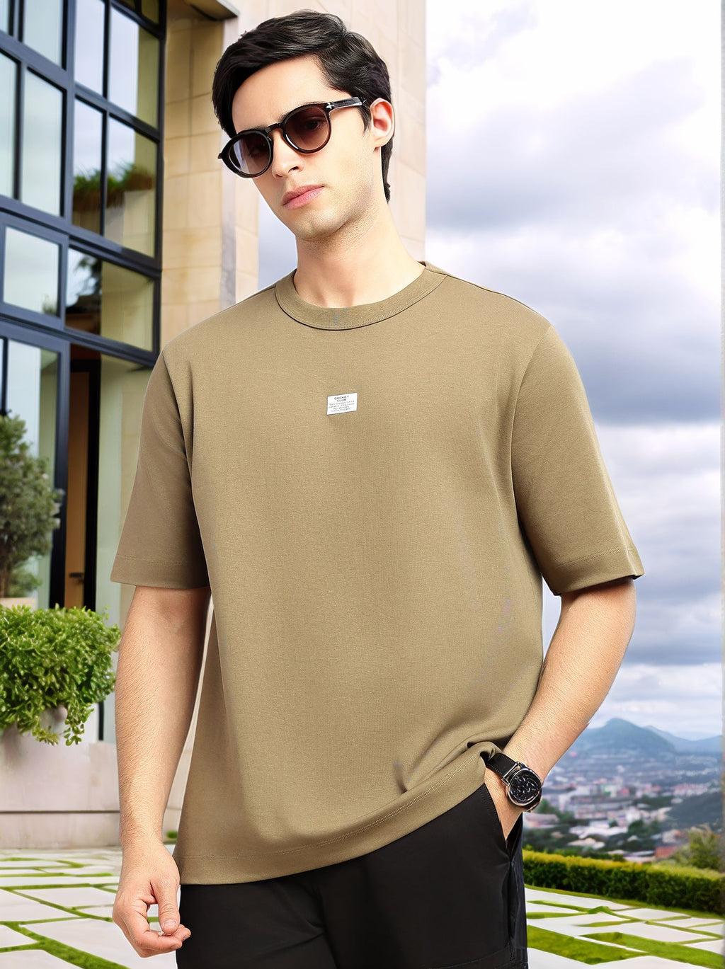 Thomas Scott Men Olive Cricket Club Collection Oversized Fit Round Neck Short Sleeves 100% Cotton Solid Knitted T-shirt