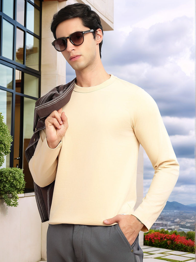 Thomas Scott Men Beige Cricket Club Collection Regular Fit Round Neck Long Sleeves Polycotton Solid Knitted T-shirt