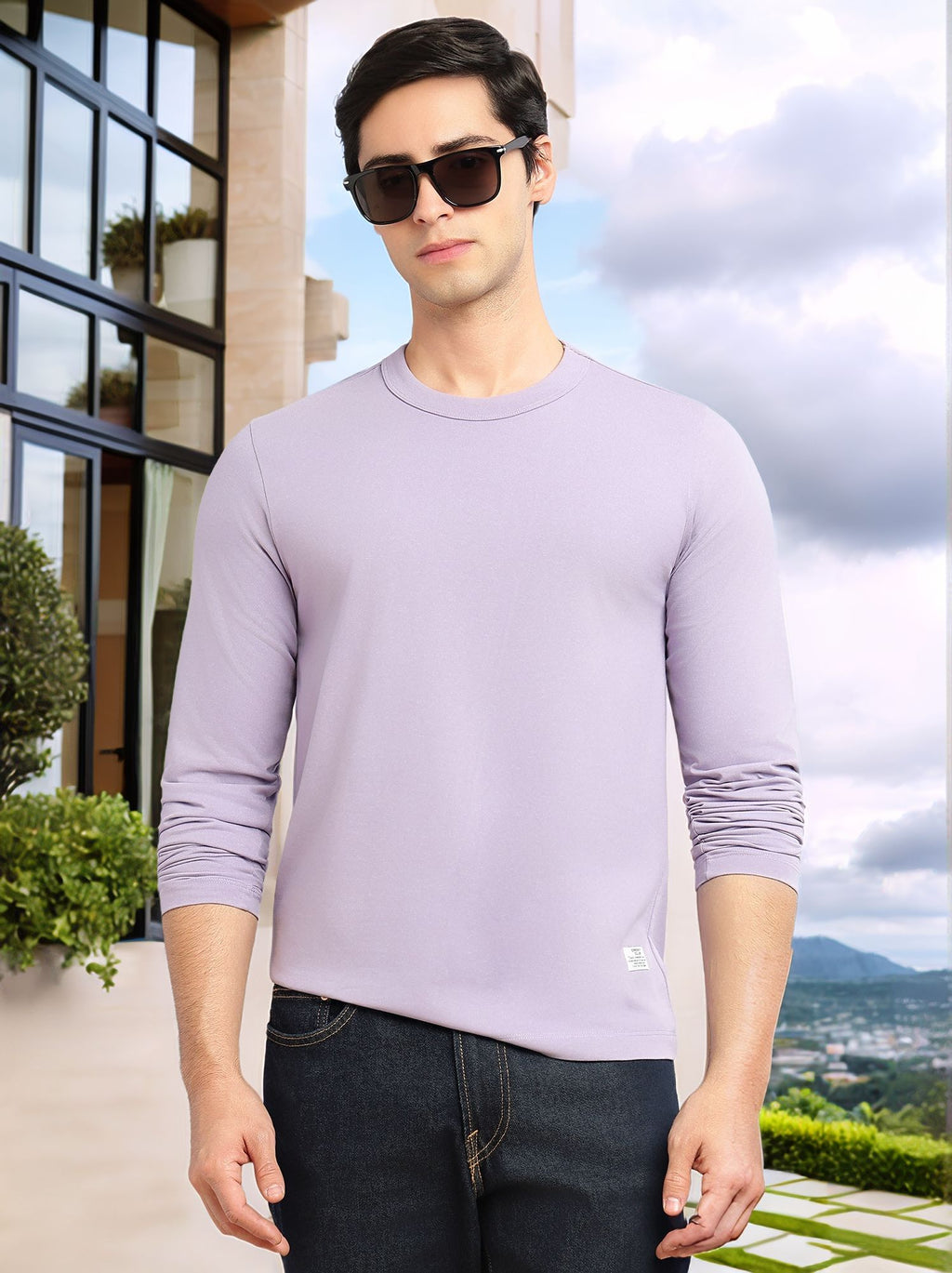 Thomas Scott Men Lavender Cricket Club Collection Regular Fit Round Neck Long Sleeves Polycotton Solid Knitted T-shirt