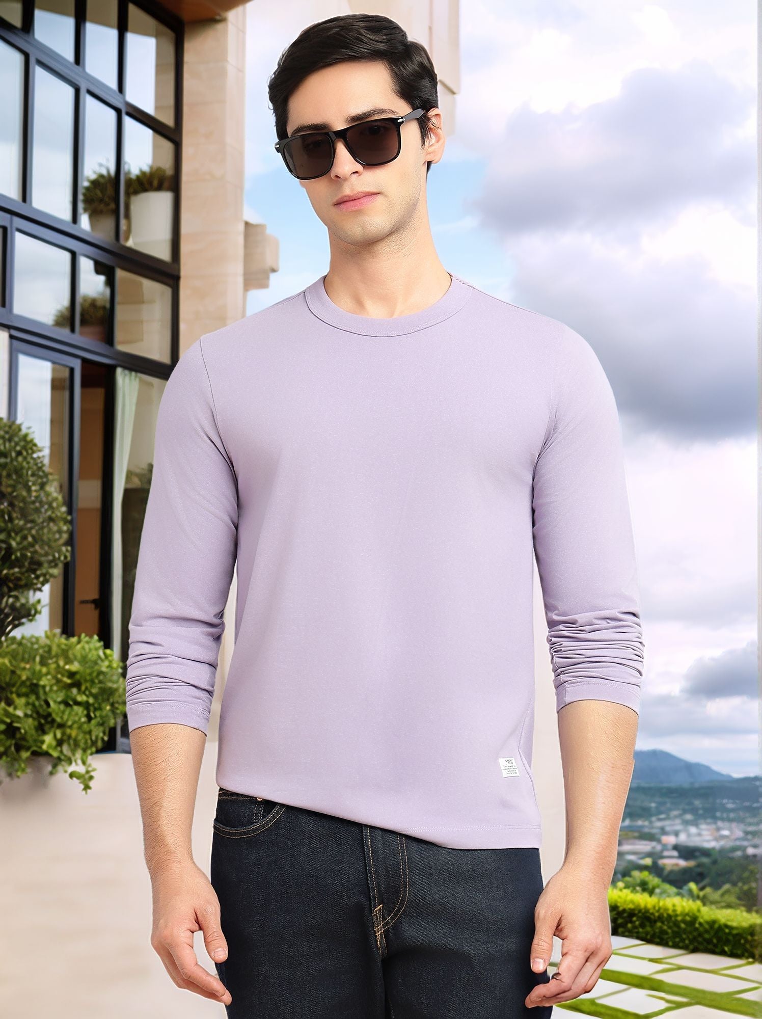 Thomas Scott Men Lavender Cricket Club Collection Regular Fit Round Neck Long Sleeves Polycotton Solid Knitted T-shirt