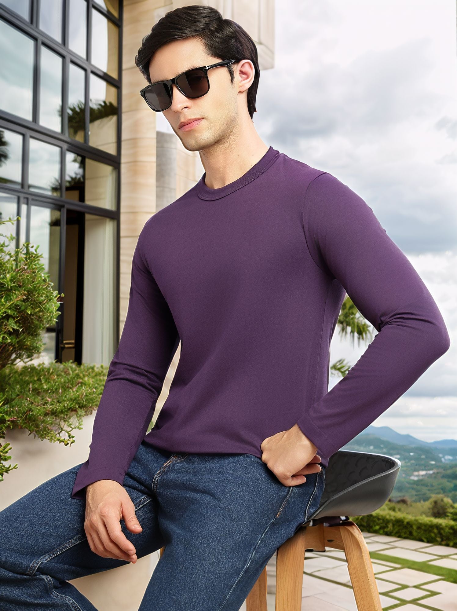Thomas Scott Men Purple Cricket Club Collection Regular Fit Round Neck Long Sleeves Polycotton Solid Knitted T-shirt