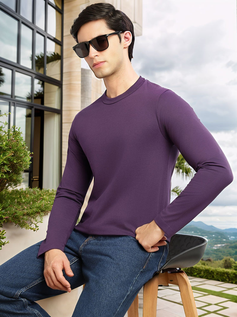 Thomas Scott Men Purple Cricket Club Collection Regular Fit Round Neck Long Sleeves Polycotton Solid Knitted T-shirt