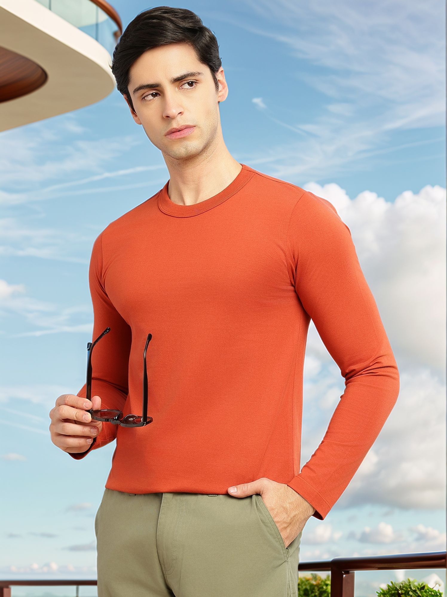 Thomas Scott Men Rust Cricket Club Collection Regular Fit Round Neck Long Sleeves Polycotton Solid Knitted T-shirt