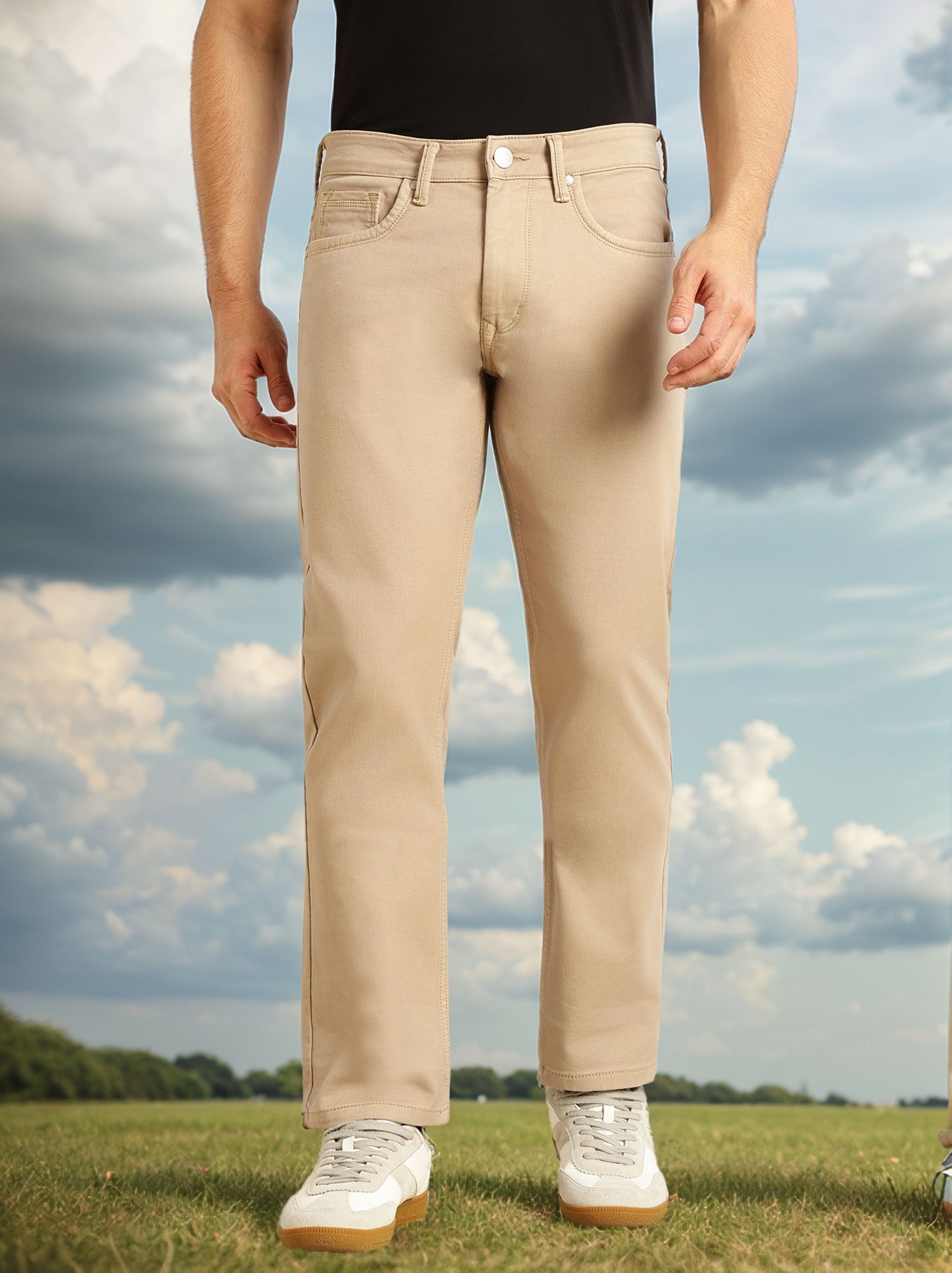 Thomas Scott Men Beige Cricket Club Collection Straight Fit Mid-Rise Light Shade Stretchable Jeans-Clean Look, 5 Pocket Design