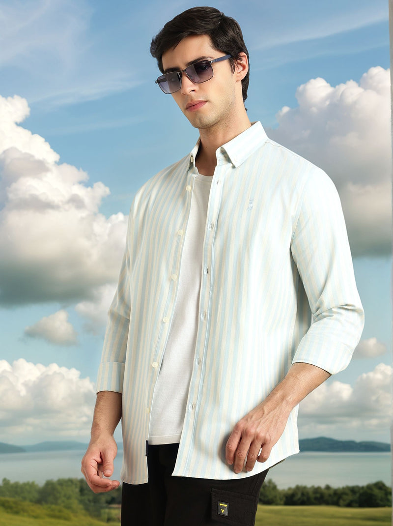 Thomas Scott Men Light Blue Cricket Club Collection Slim Fit Vertical Stripe Cotton Casual Shirt-Button Down Collar, Full Sleeves