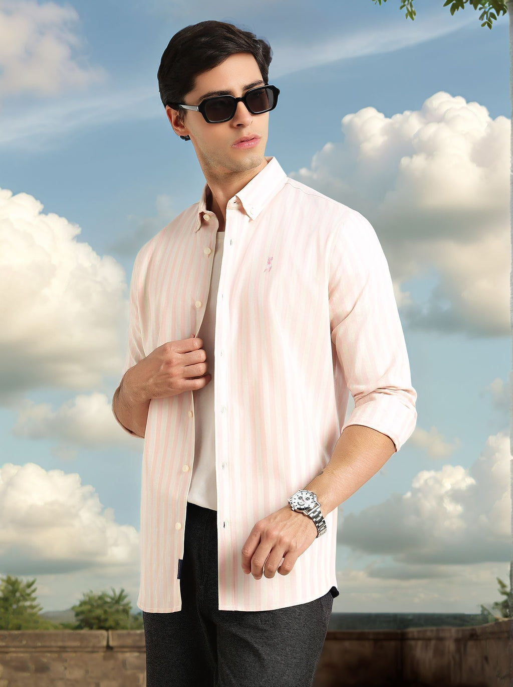 Thomas Scott Men Pink Cricket Club Collection Slim Fit Vertical Stripe Cotton Casual Shirt-Button Down Collar, Full Sleeves