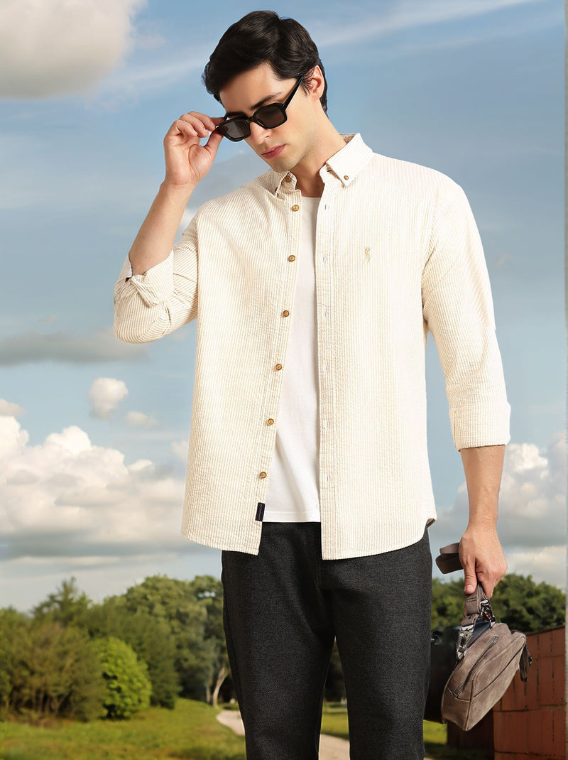 Thomas Scott Men Beige Cricket Club Collection Slim Fit Long Sleeves Button Down Collar SeerSucker Shirt