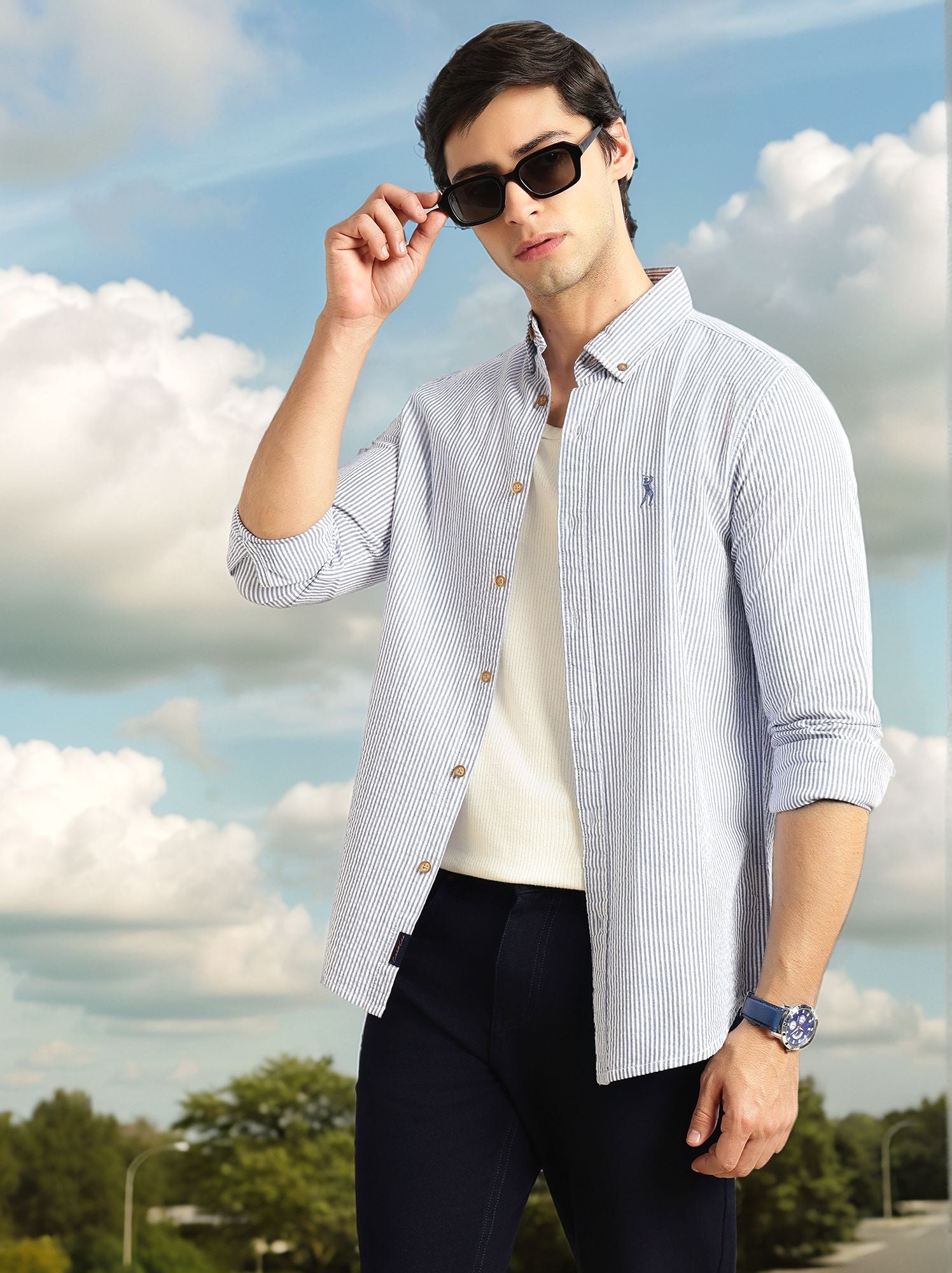 Thomas Scott Men Navy Cricket Club Collection Slim Fit Long Sleeves Button Down Collar SeerSucker Shirt