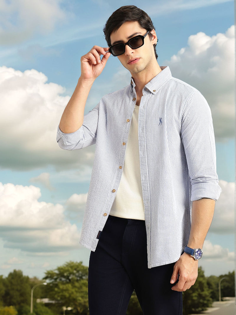 Thomas Scott Men Navy Cricket Club Collection Slim Fit Long Sleeves Button Down Collar SeerSucker Shirt