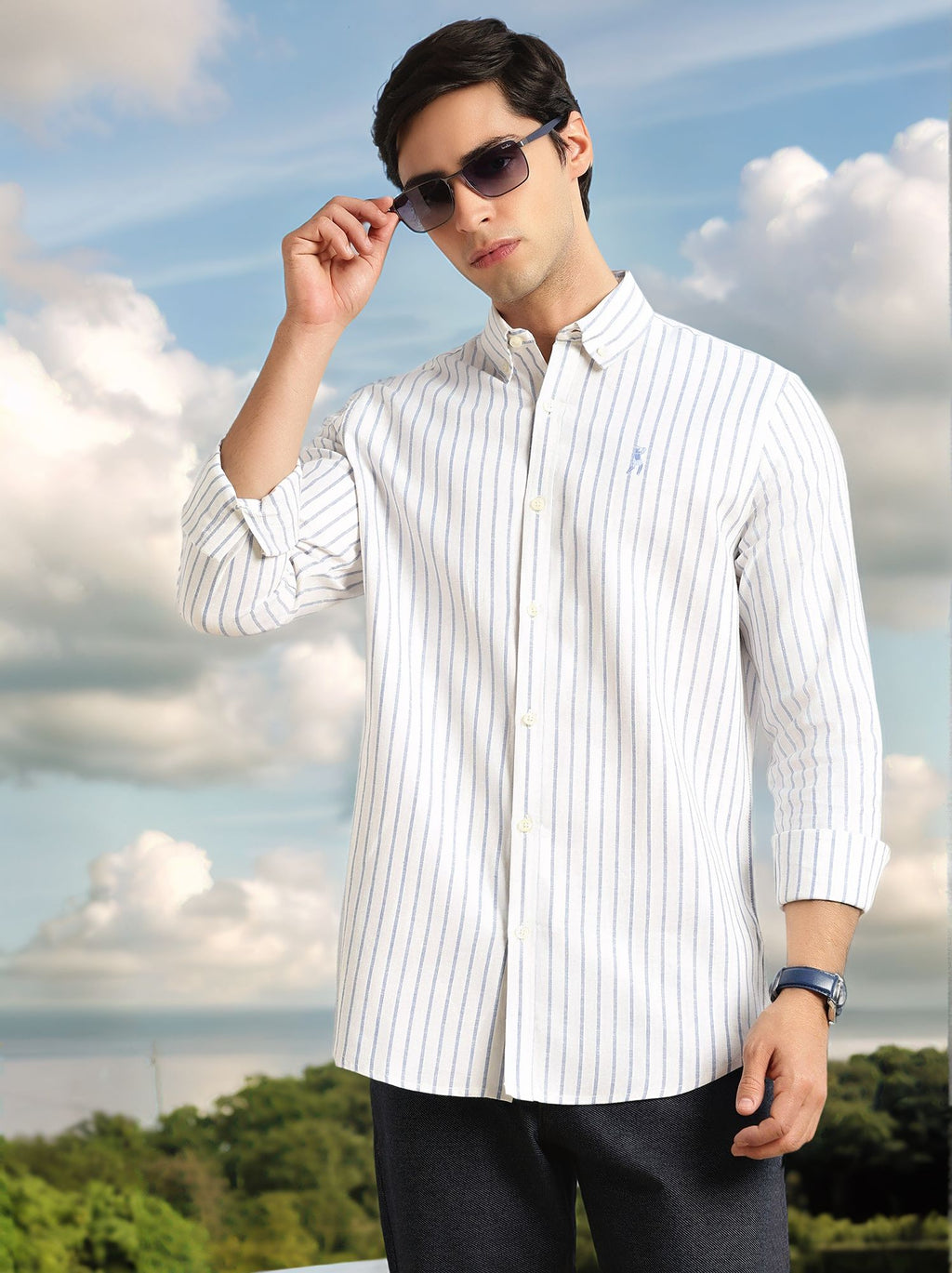 Thomas Scott Men Blue Cricket Club Collection Slim Fit Long Sleeves Button Down Collar Cotton Linen Oxford Shirt