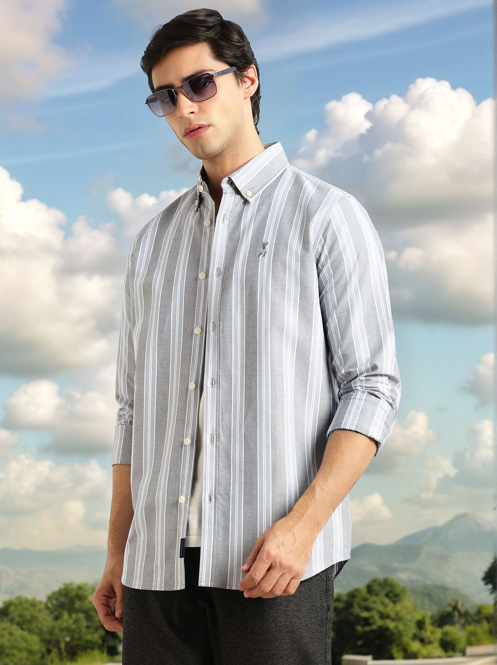 Thomas Scott Men Blue1 Cricket Club Collection Slim Fit Long Sleeves Button Down Collar Cotton Linen Oxford Shirt