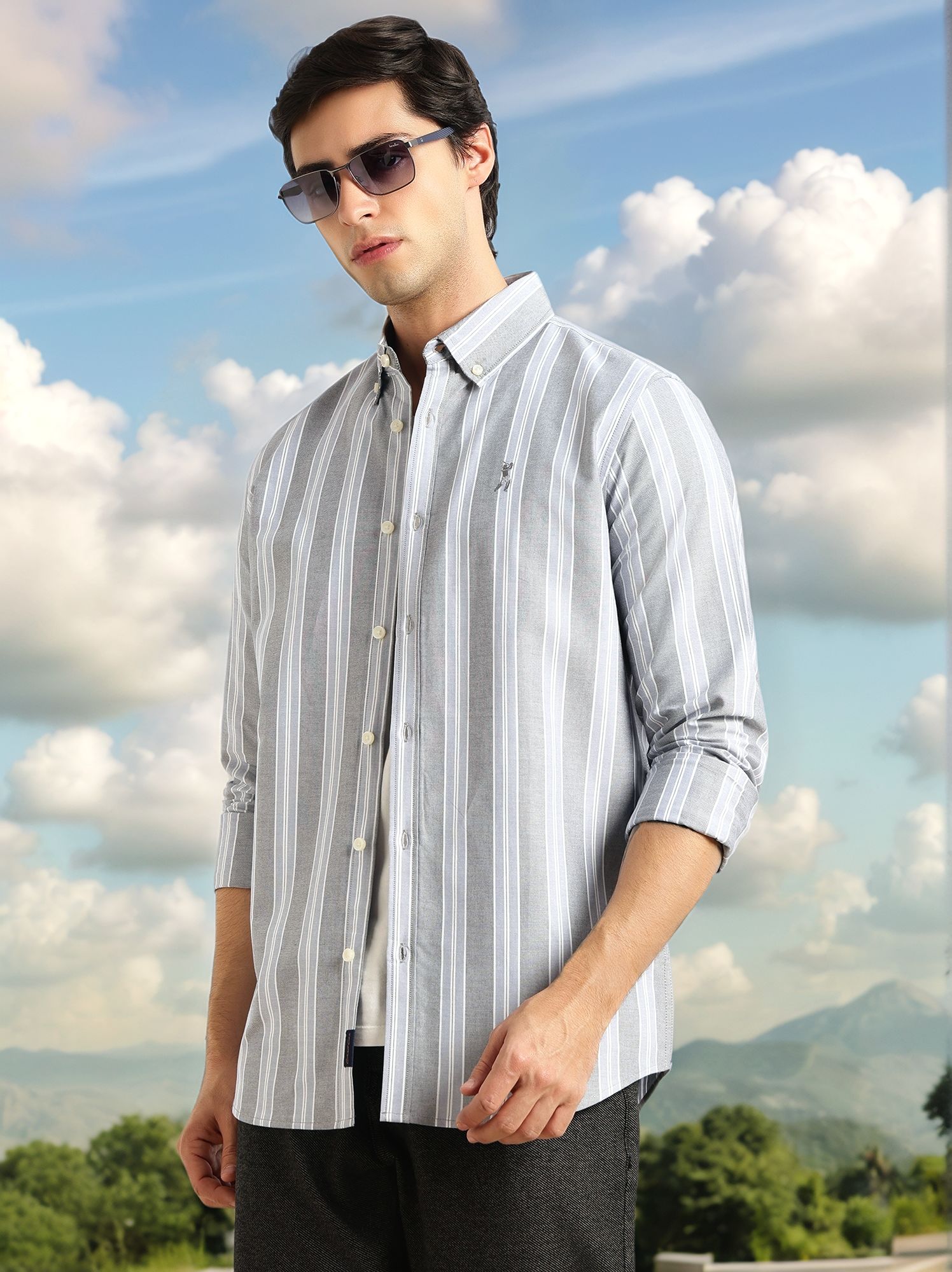 Thomas Scott Men Blue1 Cricket Club Collection Slim Fit Long Sleeves Button Down Collar Cotton Linen Oxford Shirt