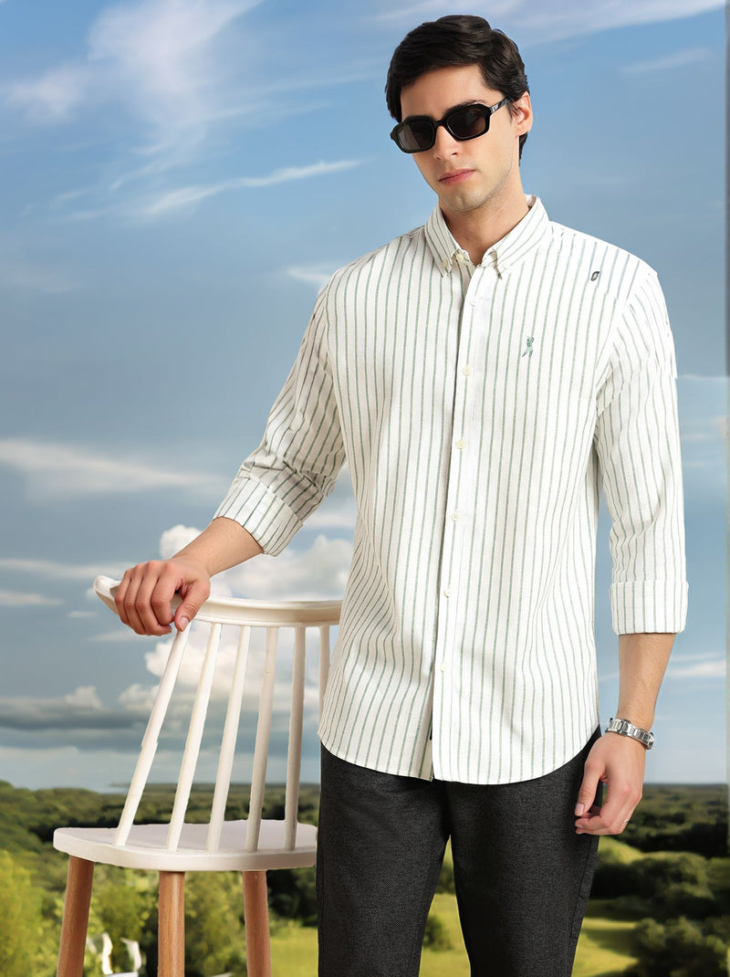 Thomas Scott Men Green Cricket Club Collection Slim Fit Long Sleeves Button Down Collar Cotton Linen Oxford Shirt