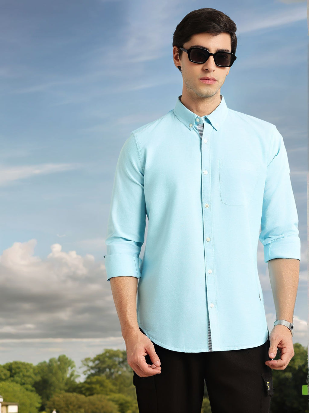 Thomas Scott Men Aqua Slim Fit Long Sleeves Button-Down Collar Solid 100% Cotton Oxford Casual Shirt