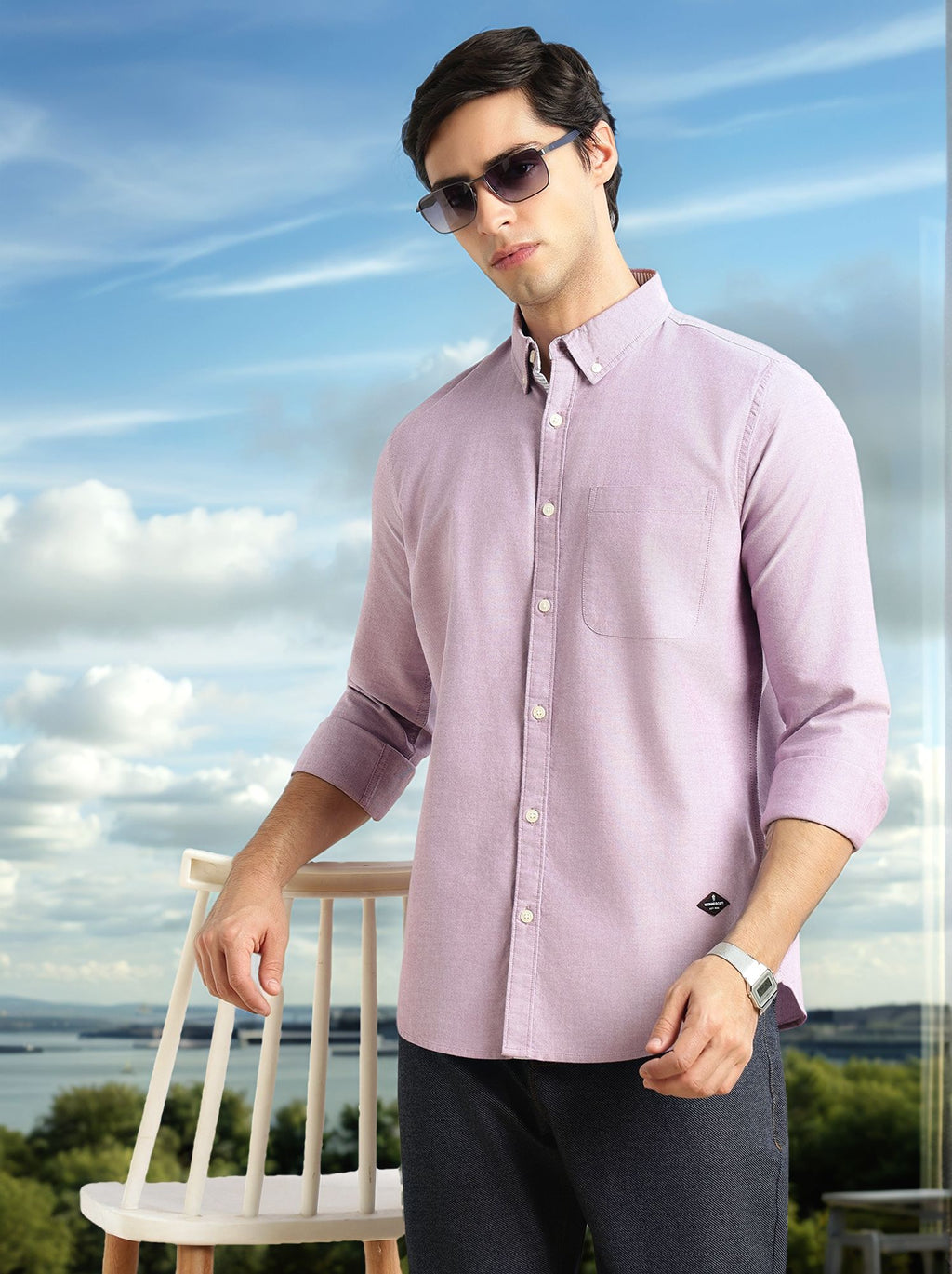 Thomas Scott Men Purple Slim Fit Long Sleeves Button-Down Collar Solid 100% Cotton Oxford Casual Shirt