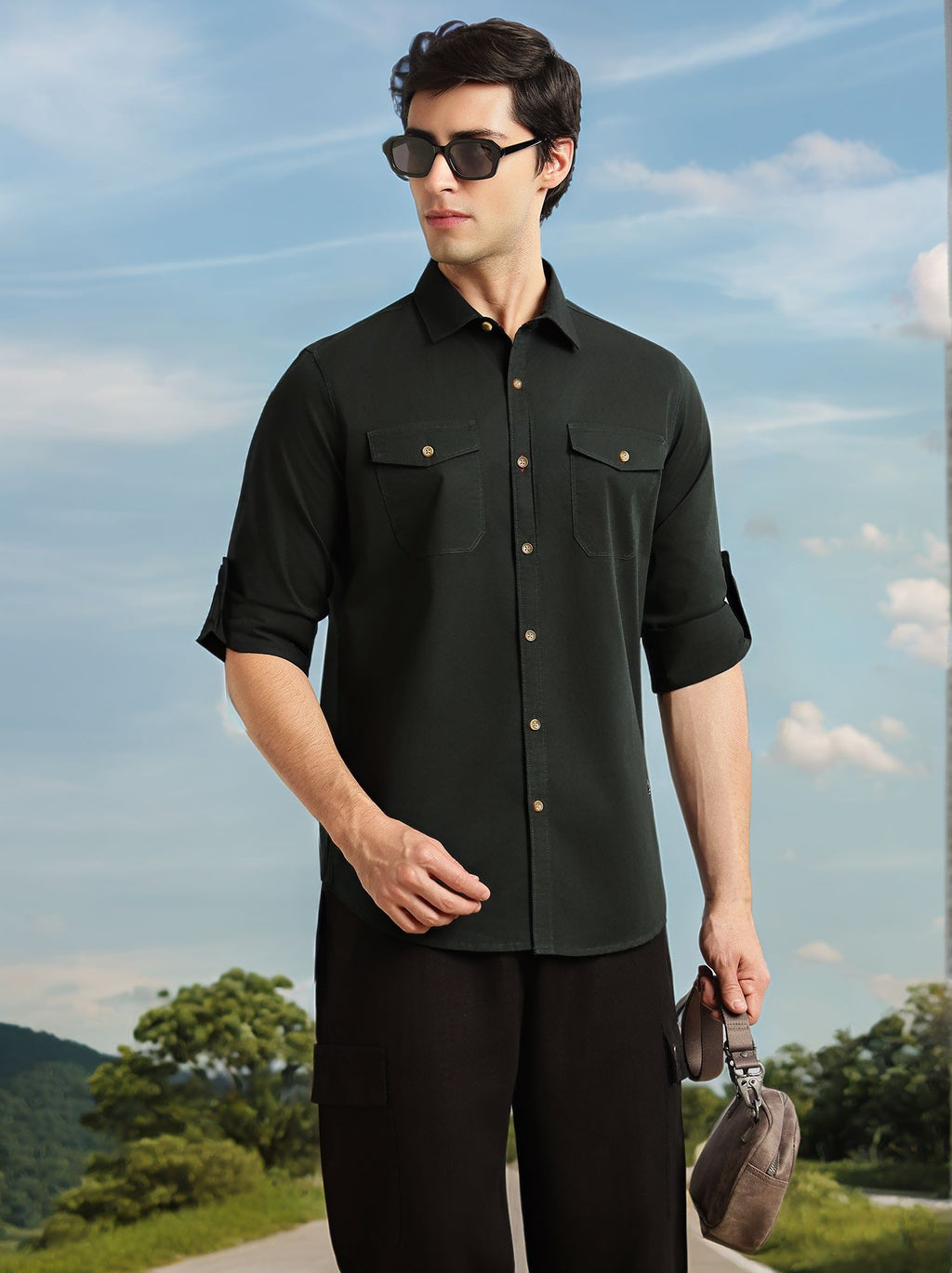 Thomas Scott Men Bottle Green1 Regular Fit Long Roll-Up Sleeves Spread Collar Solid 100% Cotton Casual Shirt