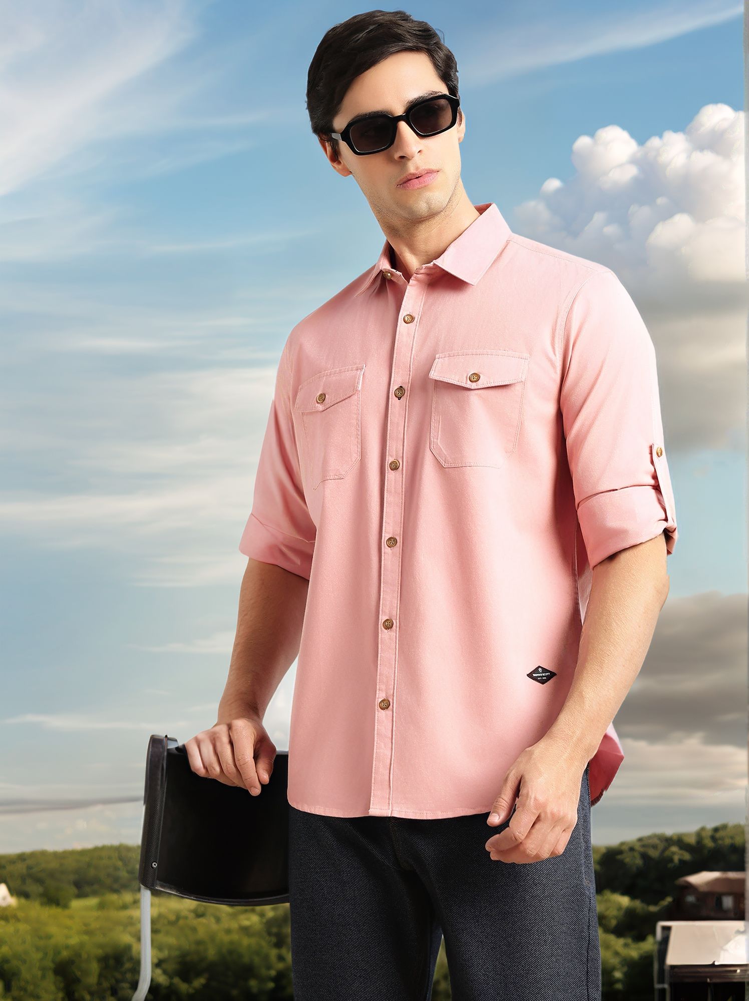 Thomas Scott Men Peach Regular Fit Long Roll-Up Sleeves Spread Collar Solid 100% Cotton Casual Shirt