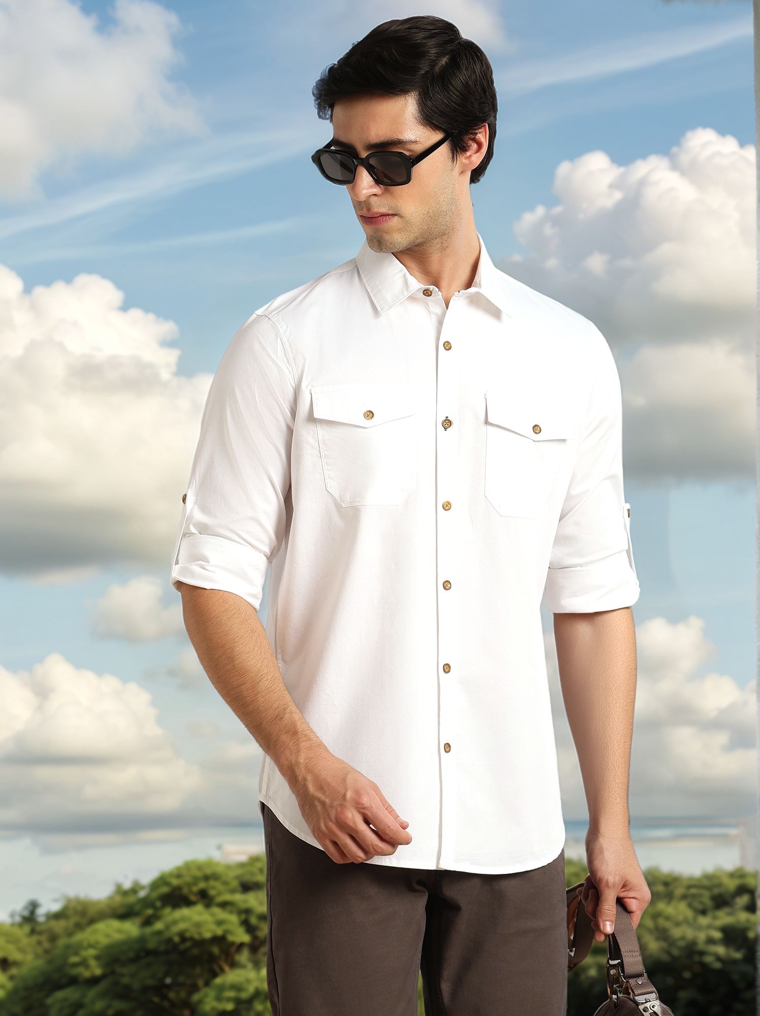 Thomas Scott Men White1 Regular Fit Long Roll-Up Sleeves Spread Collar Solid 100% Cotton Casual Shirt