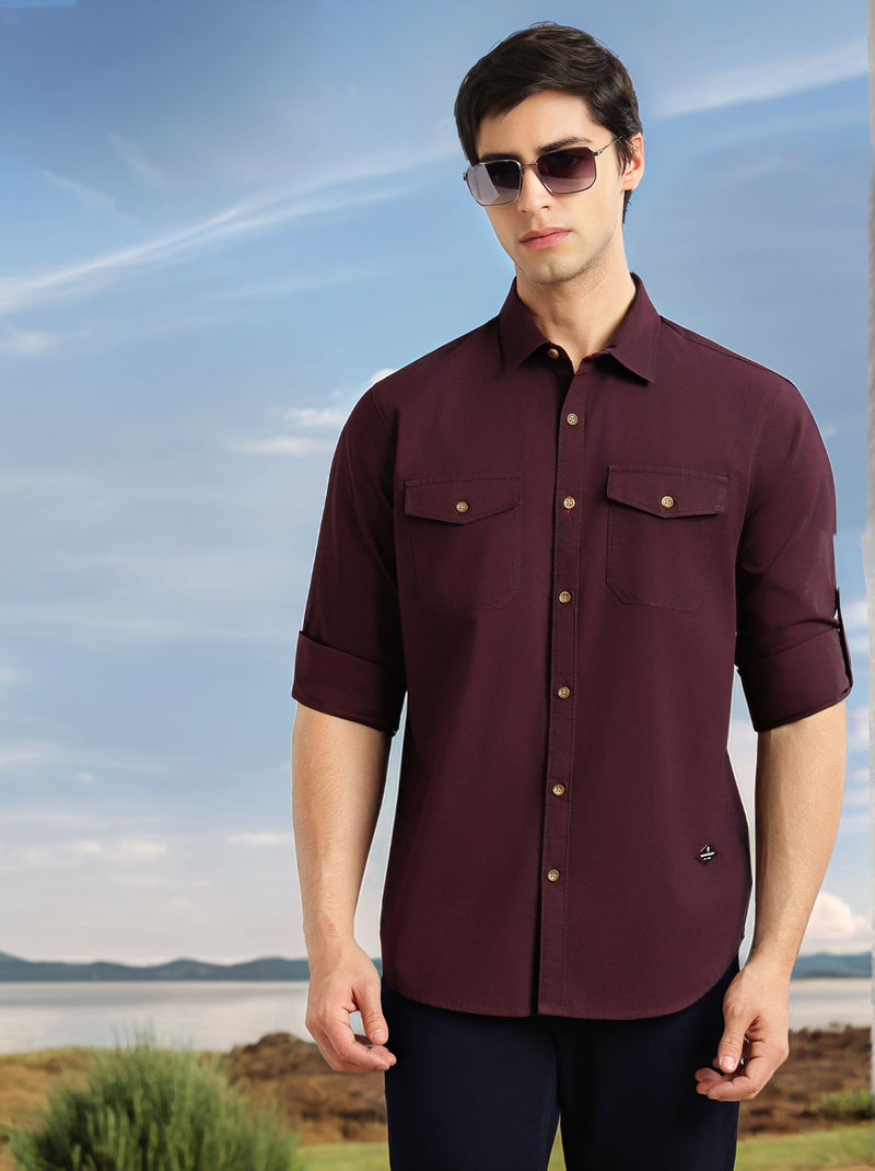 Thomas Scott Men Wine Slim Fit Long Sleeves Spread Collar Solid 100% Cotton Twill Casual Shirt