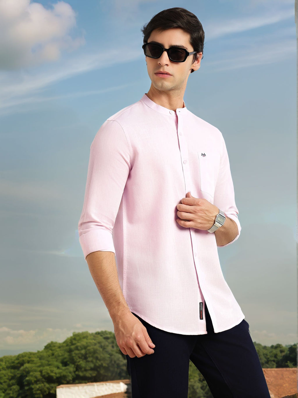 Thomas Scott Men Pink Premium Slim Fit Long Sleeves Mandarin Collar Solid Cotton Linen Casual Shirt
