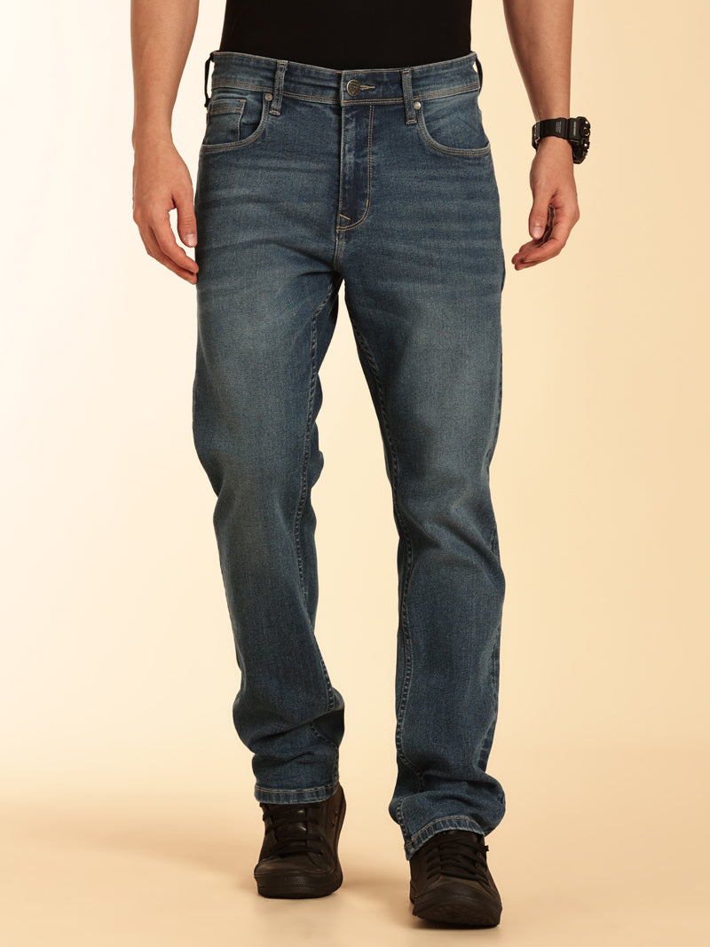 Thomas Scott Men Indigo Straight Fit Mid-Rise Light Fade Clean Look 5 Pocket Design Stretchable Jeans