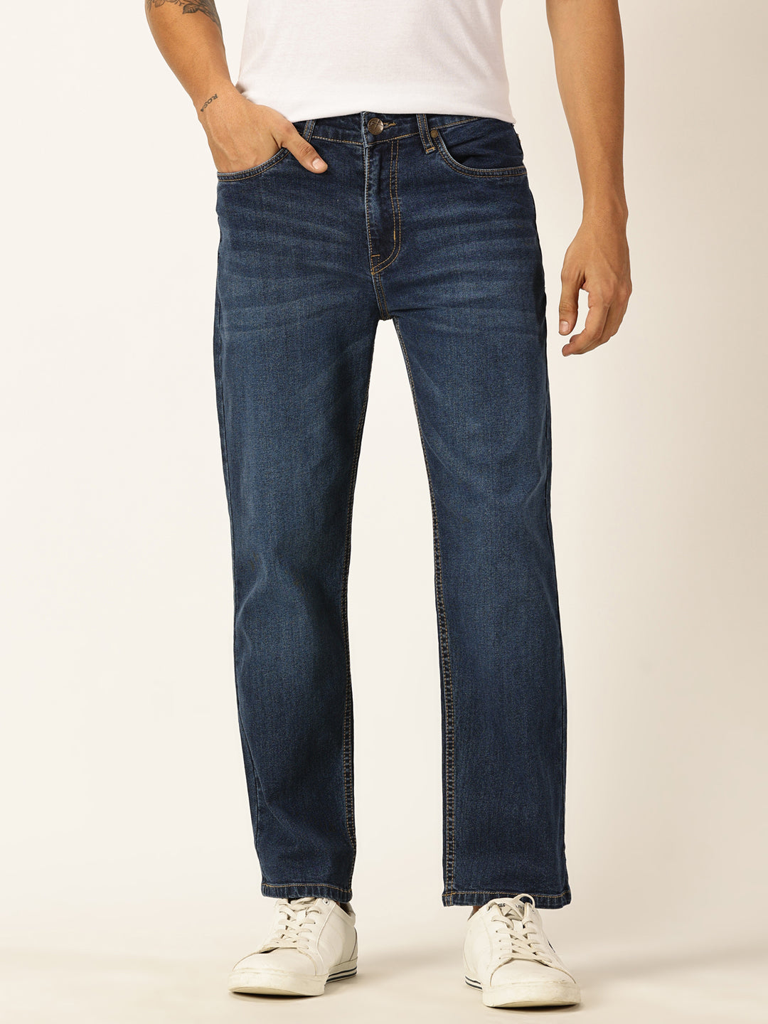 Thomas Scott Men Dark Blue Relaxed Fit Mid-Rise Clean Look Medium Shade Light Fade 5 Pocket Design Stretchable Jeans