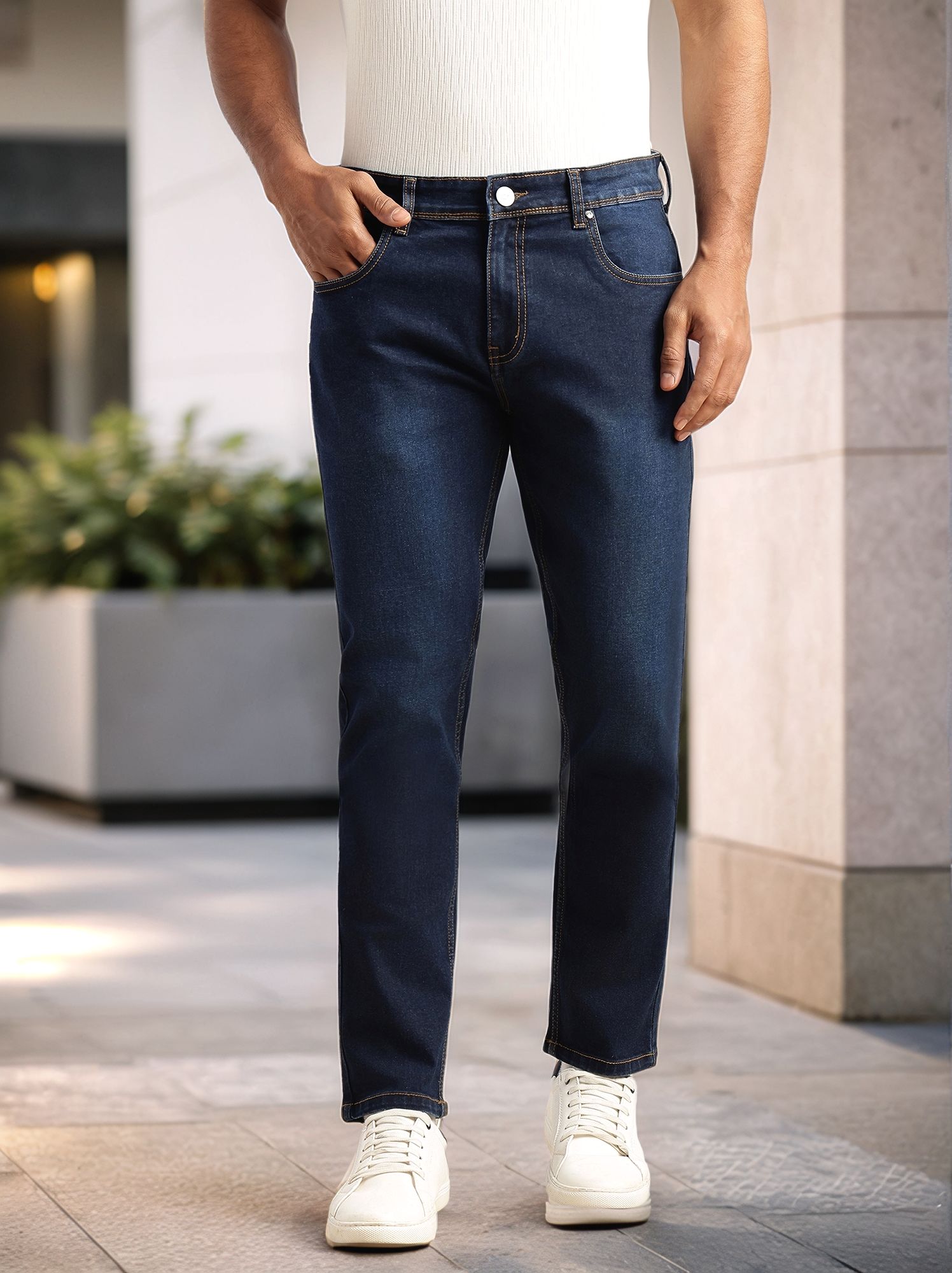 Thomas Scott Men Dark Blue Smart Slim Fit Dark Shade Mid-Rise Clean Look 5 Pocket Design Stretchable Jeans