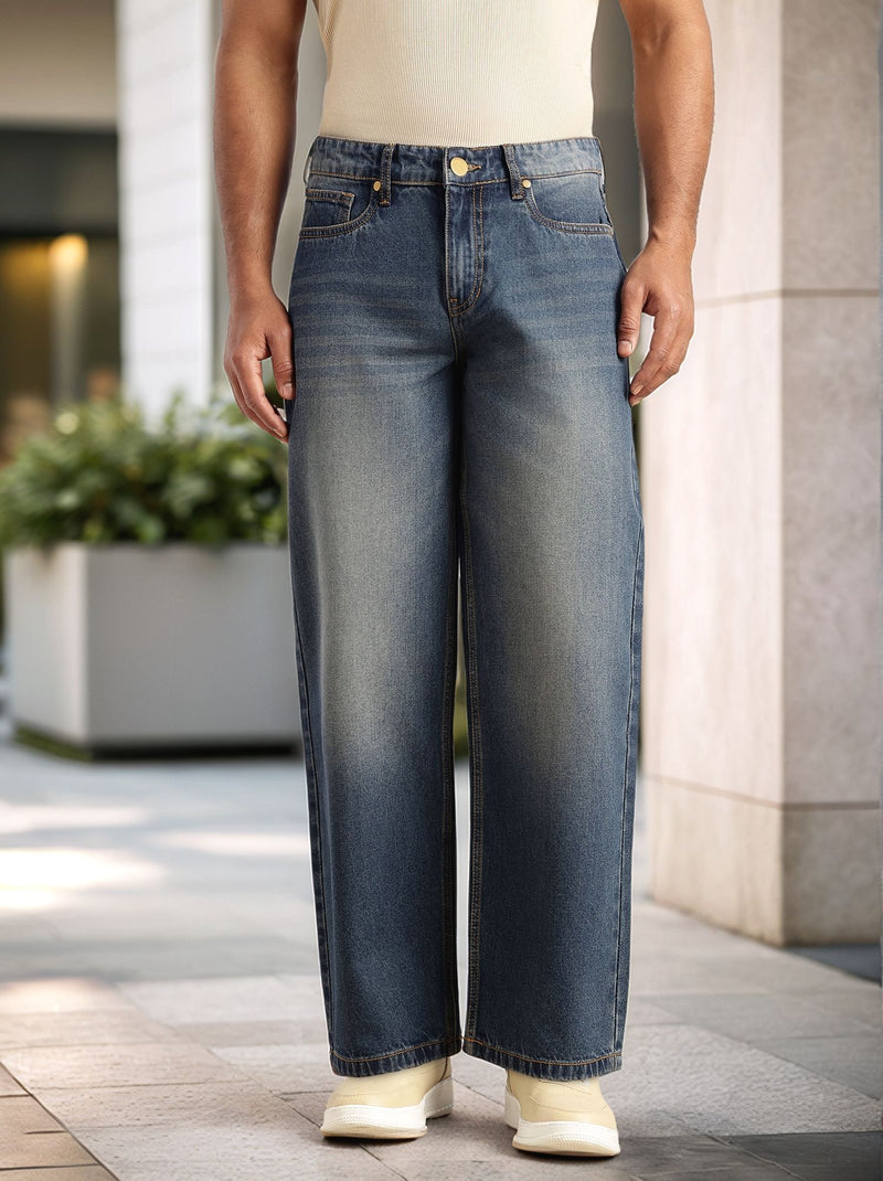 Thomas Scott Men Dark Blue Baggy Fit Medium Shade Light Fade 5 Pocket Design Non Stretchable Jeans