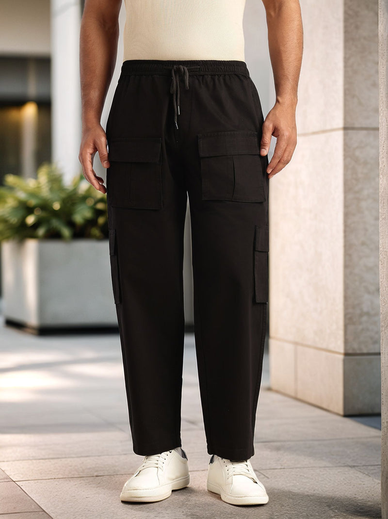 Thomas Scott Men Black Relaxed Loose Fit 100% Cotton Solid Drawstring Closure Woven Cargo Trouser