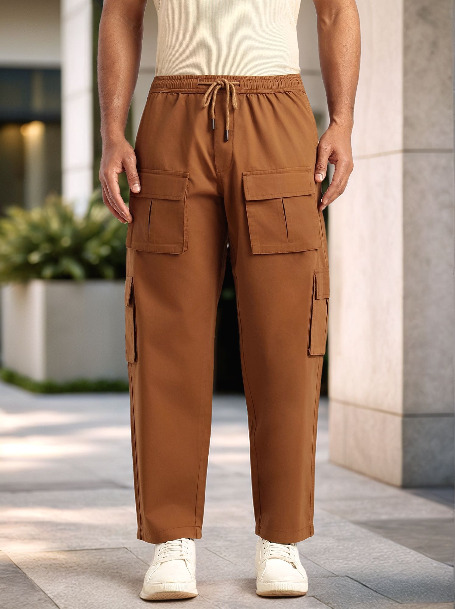Thomas Scott Men Brown Relaxed Loose Fit 100% Cotton Solid Drawstring Closure Woven Cargo Trouser