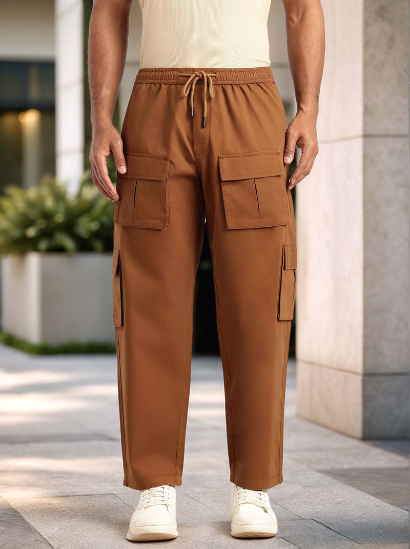 Thomas Scott Men Brown Relaxed Loose Fit 100% Cotton Solid Drawstring Closure Woven Cargo Trouser