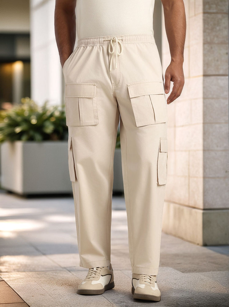 Thomas Scott Men Cream Relaxed Loose Fit 100% Cotton Solid Drawstring Closure Woven Cargo Trouser