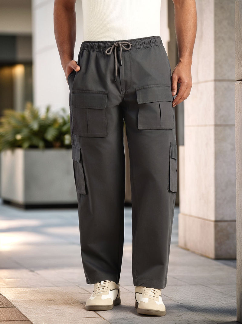 Thomas Scott Men Dark Grey Relaxed Loose Fit 100% Cotton Solid Drawstring Closure Woven Cargo Trouser
