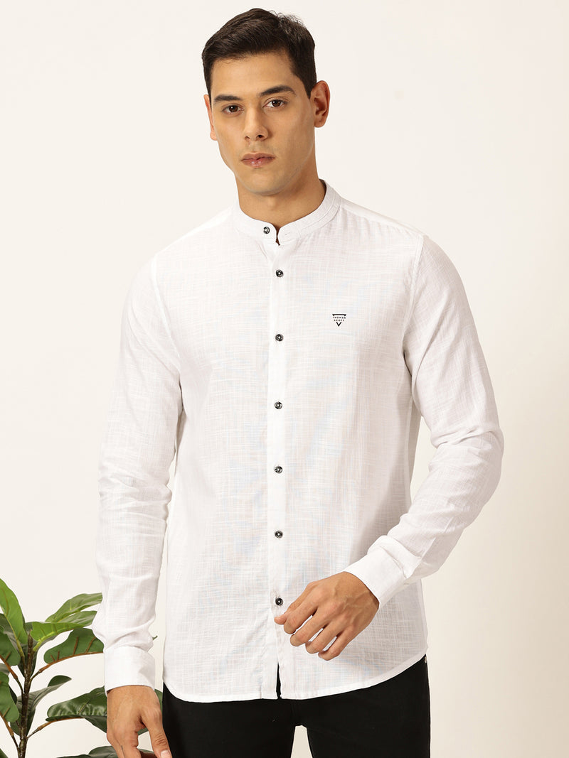 Thomas Scott Men White Slim Fit Long Sleeves Solid Mandarin Collar Cotton Linen Casual Shirt
