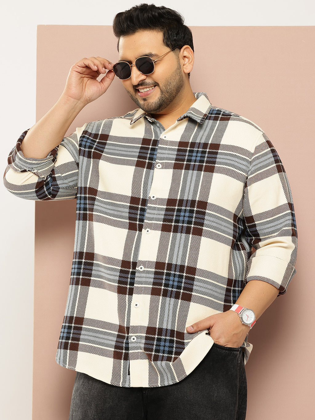 Thomas Scott Men Cream Plus Size Regular Fit Long Sleeves Spread Collar Windowpane Checks 100% Cotton Casual Shirt