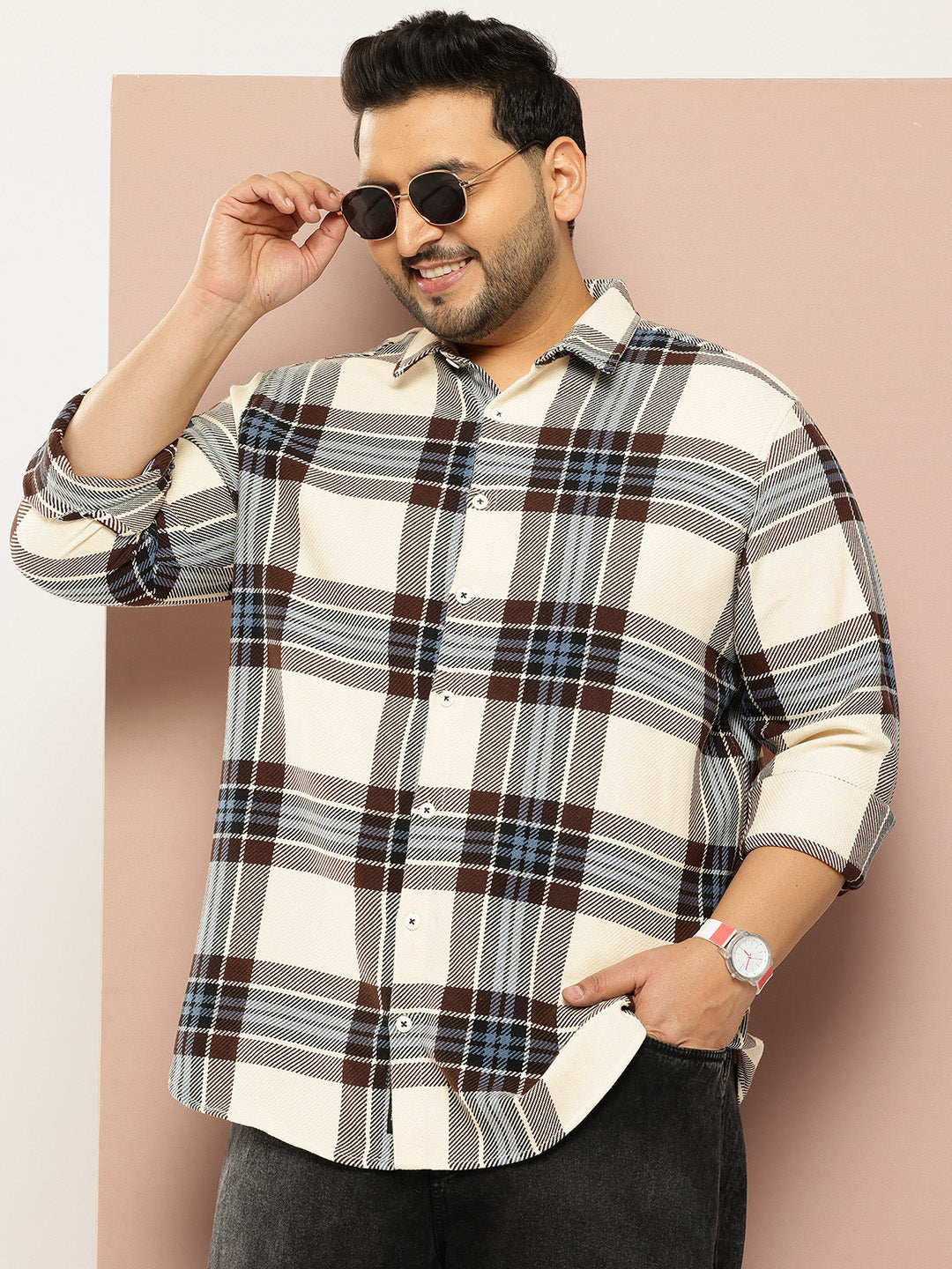 Thomas Scott Men Cream Plus Size Regular Fit Long Sleeves Spread Collar Windowpane Checks 100% Cotton Casual Shirt