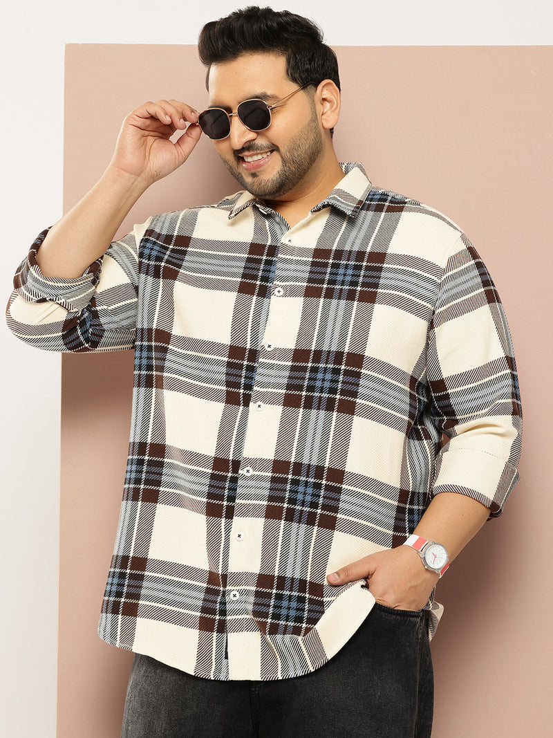 Thomas Scott Men Cream Plus Size Regular Fit Long Sleeves Spread Collar Windowpane Checks 100% Cotton Casual Shirt