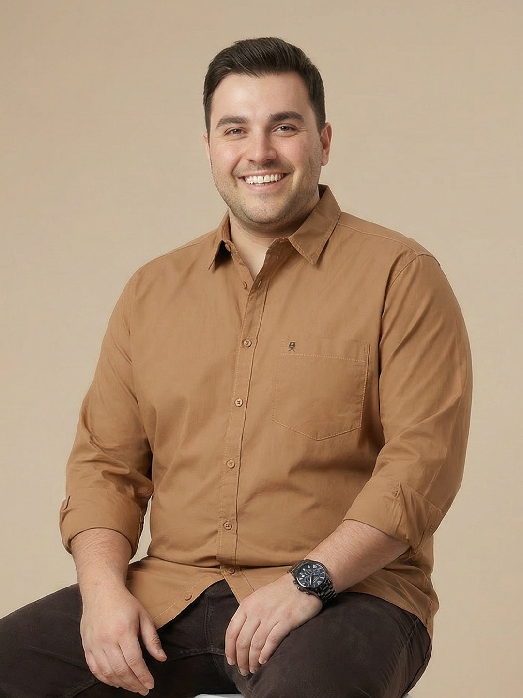 Thomas Scott Men Light Brown Cotton Casual Shirt Plus Size Regular Fit Spread Collar Long Sleeve